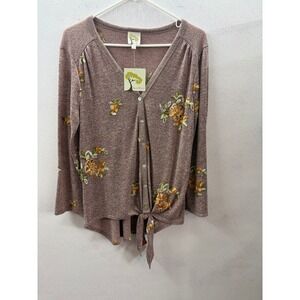 Fig and Flower Womens Floral Embroidered Tie Front Button Top Mauve Medium NEW